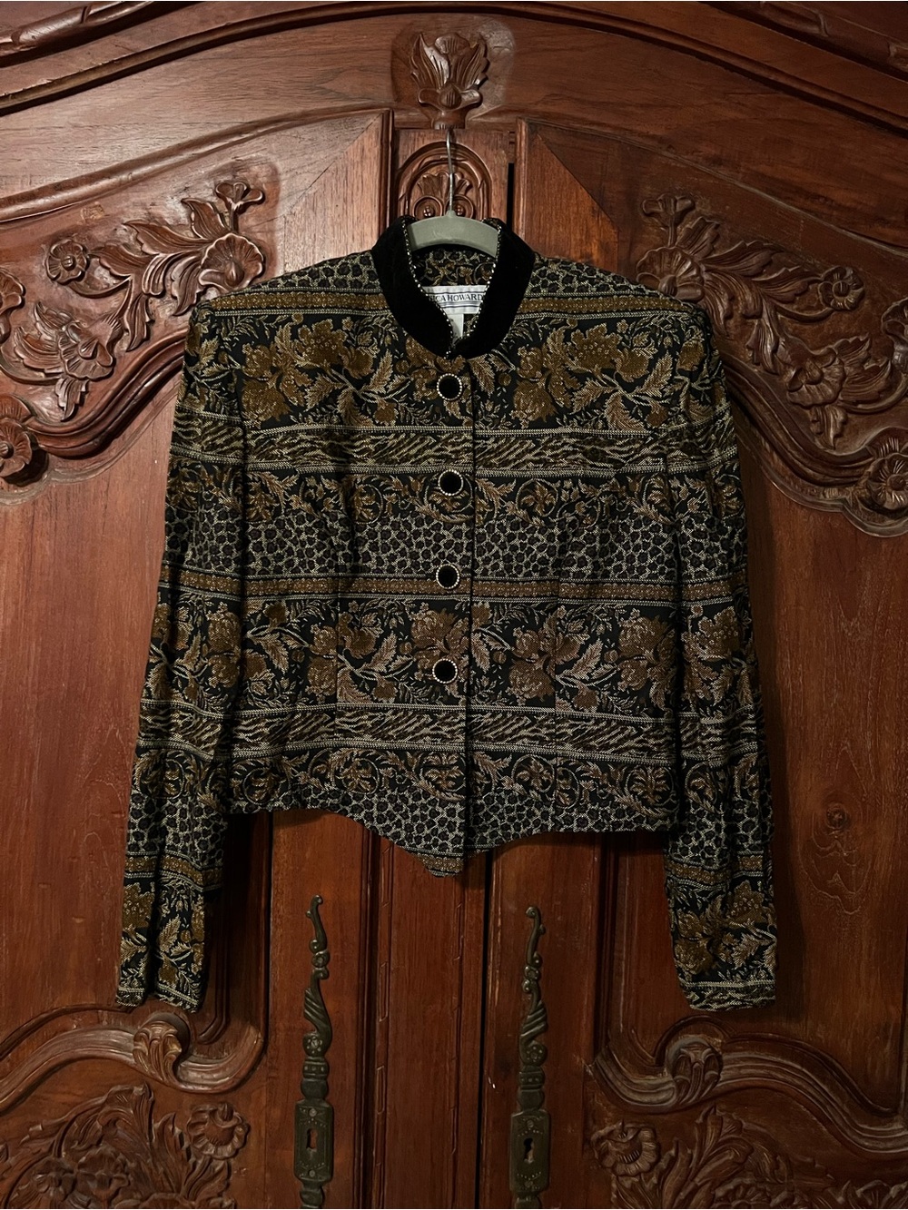 Jessica Howard Black & Gold Patterned Cropped Blazer Vintage Sz 6